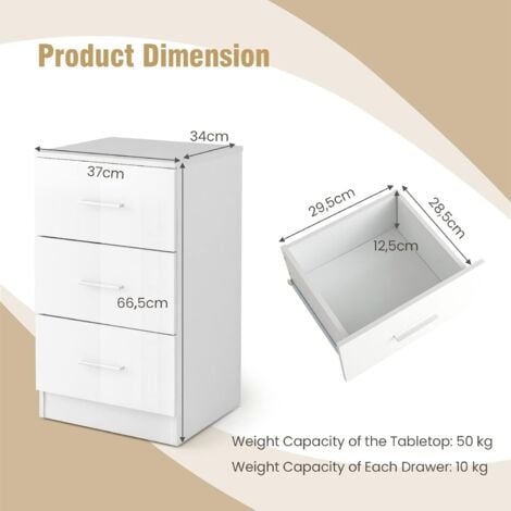COSTWAY Caisson de Bureau Meuble de Rangement avec 3 Tiroirs pour Feuilles A4, Lettre,Dossiers et Documents 37 x 34 x 66,5 CM Blanc