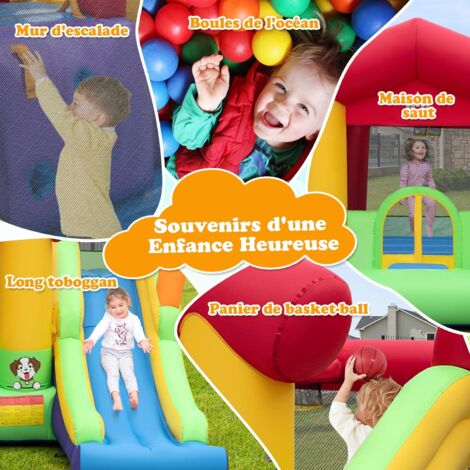 COSTWAY Château Gonflable avec Toboggan et Souffleur 680W, Aire de Jeux Gonflable Intérieur Extérieur avec Panier de Basket-Ball, 50 Balles Océaniques, Maison de Saut pour 3-10 Ans