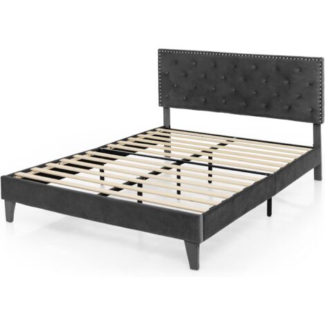 COSTWAY Lit Double avec Tête de Lit 180x200 cm, Cadre de Lit Plateforme Tapissé avec Tête de Lit à Dossier, Sommiers à Lattes en Bois, Lit Rembourré 31 cm de Hauteur, Charge 450kg Assemblage Facile, G (1/5)