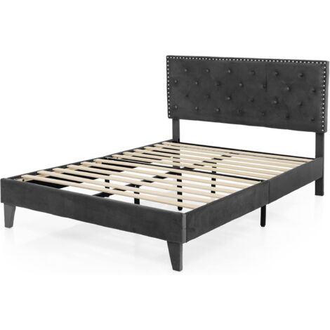 Costway – Lit double 140x200 cm avec tête de lit rembourrée – Cadre tapissé en MDF – Sommier à lattes en bois – Charge 450 kg – Assemblage facile (1/5)