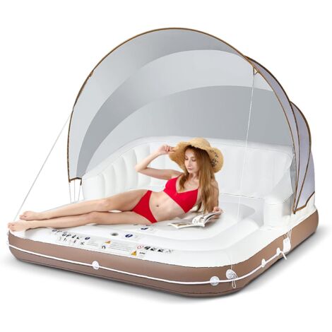 COSTWAY Matelas Gonflable À Eau Flottante, avec Auvent rétractable et amovible, Gonflez et dégonflez rapidement, 180x180cm, 200 kg