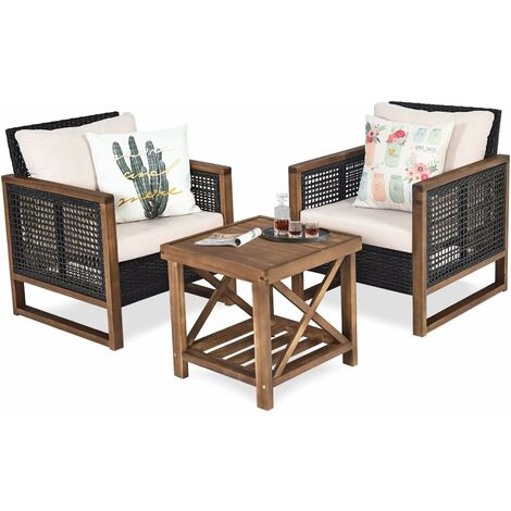 COSTWAY Ensemble Salon de Jardin en Bois d'Acacia,Rotin Artisanal Anti-soleil, Résistant aux Intempéries pour Porche Balcon Terrasse (1/5)
