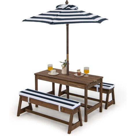 COSTWAY Table de Pique-Nique pour Enfants avec Parasol Réglable, Salon de Jardin en Bois pour Enfants avec Coussins, 89 x 44 x 50 cm Bleu