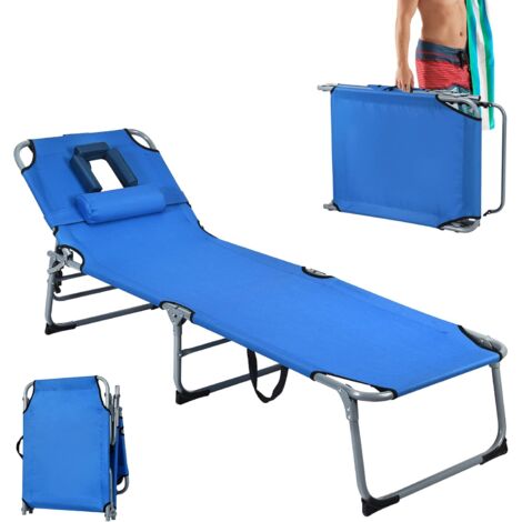 COSTWAY Chaise Longue Pliante Réglable à 5 Positions avec Appuie-tête Cavité Faciale, Bain de Soleil en Tissu Oxford Charge 150KG, pour Piscine Plage Cour Camping, Bleu (1/5)