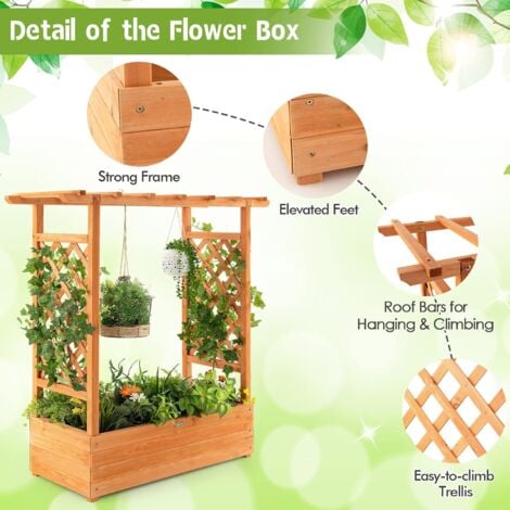 COSTWAY Jardinière avec 2 Treillis Latéraux Toit Suspendu en Bois de Sapin avec Trou de Drainage, Lit de Jardin pour Plante Grimpante Résistance aux Intempéries, Orange 110 x 44 x 113,5 cm