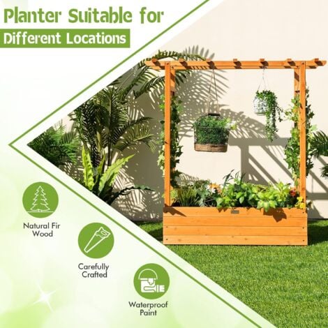 COSTWAY Jardinière avec 2 Treillis Latéraux Toit Suspendu en Bois de Sapin avec Trou de Drainage, Lit de Jardin pour Plante Grimpante Résistance aux Intempéries, Orange 110 x 44 x 113,5 cm