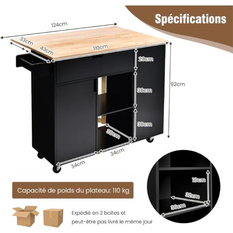 COSTWAY Ilot Central Cuisine Comptoir en Bois de Caoutchouc Pliable,  Desserte à Roulettes Porte-serviettes Porte-épices, Meuble de Rangement  Tiroir Armoire à Portes Étagère Ouverte 124x76x92cm : : Cuisine et  Maison