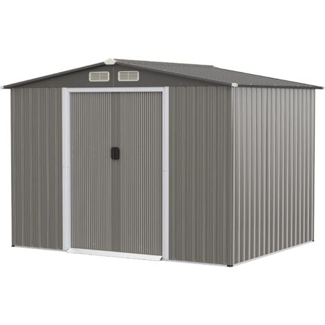 COSTWAY Abri de Jardin Métal 9,74m³ Acier Galvanisé avec Fondation-4 Persiennes-Double Porte et Rampe 260 x 207 x 181 cm-Gris Clair