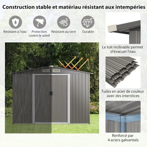 COSTWAY Abri de Jardin Métal 9,74m³ Acier Galvanisé avec Fondation-4 Persiennes-Double Porte et Rampe 260 x 207 x 181 cm-Gris Clair