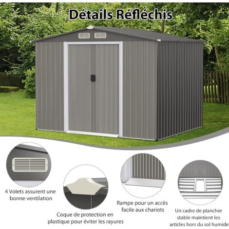 COSTWAY Abri de Jardin Métal 9,74m³ Acier Galvanisé avec Fondation-4 Persiennes-Double Porte et Rampe 260 x 207 x 181 cm-Gris Clair