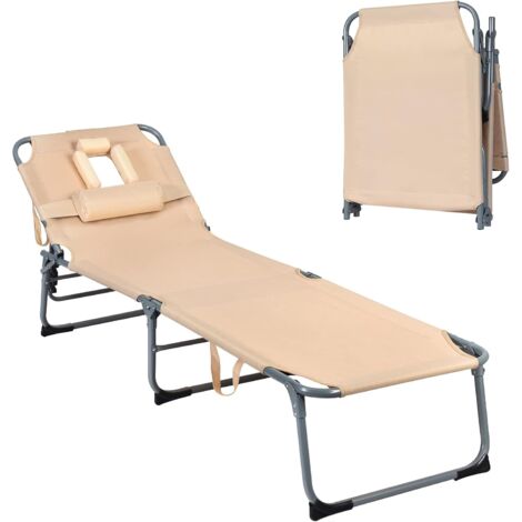 COSTWAY Chaise Longue Pliante Réglable à 5 Positions avec Appuie-tête Cavité Faciale, Bain de Soleil en Tissu Oxford, pour Piscine Plage Cour Camping, Beige (1/5)