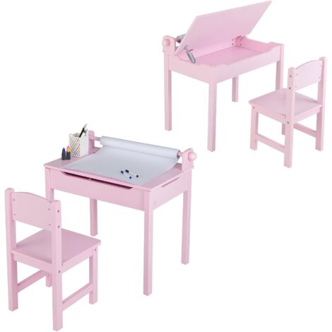 Costway – Table enfant en pin avec tabouret – Dimensions 60 x 40 x 58 cm – Espace de rangement intérieur – Porte-rouleau de papier amovible – Pour 3 ans et plus
