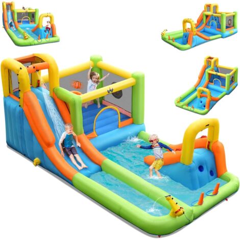 COSTWAY Château Gonflable 8 en 1 avec 2 Toboggans, Parc Aquatique avec Maison de Saut, Mur d'Escalade, Panier de Basket, Sac de Transport, Charge 135kg pour 3 Enfants de 3-10 Ans (Sans souffleur)
