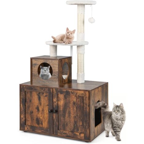 Costway – Arbre à chat en bois 132 cm – Maison de toilette double porte – Griffoir en sisal – Condo et perchoir inclus – Brun rustique (1/5)