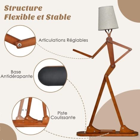 COSTWAY Lampadaire Salon Humanoïde en Bois d'Hévéa Lampadaire sur Pieds avec Interrupteur à Pied et Abat-jour Changeable pour Salon Chambre à Coucher