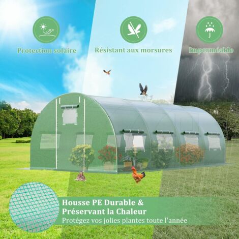 Serre Tunnel Jardin 6x3x2 M - Cadre Acier Galvanisé, 8 Fenêtres Et 2 Portes Zippées - Protection Plantes