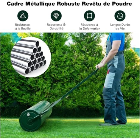 COSTWAY Rouleau à Gazon de Jardin en Métal avec Poignée de Préhension Détachable, Rouleau de Pelouse Rempli d'eau/Sable 63L- Ø 30 CM, Idéal pour Obtenir Pelouse Uniforme (Vert)
