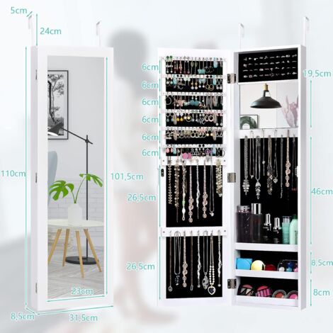 Armoire à Bijoux Murale COSTWAY Avec LED - 4 Tiroirs, 4 étagères, Miroir Rabattable - Verrouillable - Blanc - 10