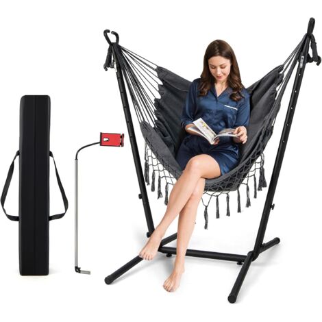 Costway – Hamac sur pied avec support en métal – 6 hauteurs ajustables 96-146 cm – Chaise suspendue en coton 250 kg – Oreiller et poche latérale gris