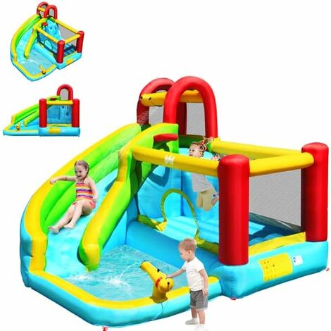 COSTWAY Château Gonflable Aquatique 6 en 1 avec Toboggan Incurvé, Maison de Rebond avec Mur d'escalade, Canon à Eau, Panier de Basketball, Charge 135kg pour 3 Enfants de 3-10 Ans(sans souffleur)