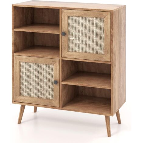 Costway – Buffet cuisine en bois massif avec 2 placards et 4 compartiments – Style bohème – Dimensions 80 x 29,5 x 97 cm – Porte cannage