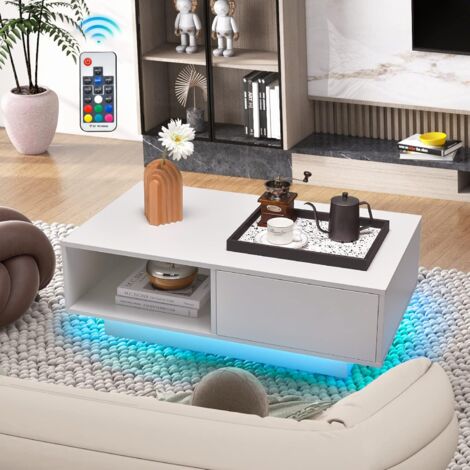Costway – Table basse laquée blanche avec éclairage LED 20 couleurs – Grand tiroir et compartiment – 5 modes de luminosité – 95 x 55 x 31 cm (1/5)
