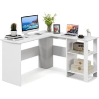 Costway – Bureau d'angle en forme de L 130 x 130 x 74 cm – Table informatique avec étagères de rangement – 2 passe-câbles – Blanc