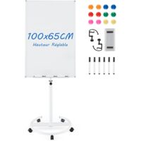 COSTWAY Tableau Blanc Magnétique, 100 x 65 cm, Tableau Blanc sur Pieds Effaçable à Sec, Hauteur Réglable, Support Rond Stable Sur Roulettes, Cadre en Aluminium, pour École, Bureau