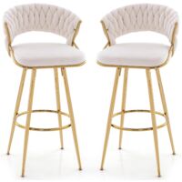 Costway – Tabourets de bar pivotants lot de 2 – Hauteur d'assise 73 cm – Dossier tissé en velours – Cadre en métal doré – Repose-pieds circulaire