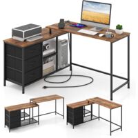 Costway – Bureau d'angle convertible en L 140 cm – Multiprise 2 prises et 2 USB – 3 tiroirs en tissu et étagères – Assemblage facile – Marron rustique