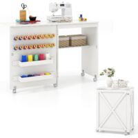 COSTWAY Table de Couture Pliante, Meuble Machine à Coudre Design Compact avec Etagère et 18 Rangées de Bâtonnets, 2 Plateaux de Rangement, roulettes Verrouillables, Blanc (Blanc)
