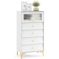 Costway – Commode 4 tiroirs avec porte en verre strié – Pieds métalliques dorés – Design anti-basculement – Dimensions 60x40x112,5 cm