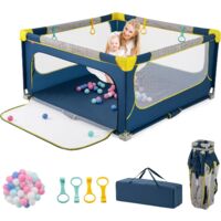 COSTWAY Parc Bebe Pliable avec 50 Balles Océaniques, Parc Enfant sans BPA pour Tout-petits avec Portail Zippé, 4 Anneaux de Traction, Clôture Large en Tissue Oxford (Bleu,150 x 150 x 76,5 cm)