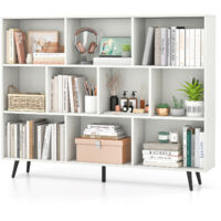 Bibliothèque à 10 Cubes 140 x 24 x 107 cm, Organisateur avec 5 Pieds Métalliques Effilés, Étagère avec 2 Kits Antichute pour Salon, Bureau, Blanc