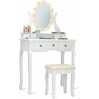 COSTWAY Coiffeuse Table de Maquillage avec MiroirOvale LED Rotative en Bois avec 5 Tiroirs avec Tabouret 80 x 40 x 142CM Blanc