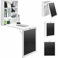 COSTWAY Bureau Mural Rabattable 3 en 1 avec Bureau Etagere et Tableau Noir/Table Mural Rabattable 60 x 15,5 x 75 CM pour Salon, Salle à Manger, Bureau Blanc