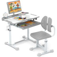 Ensemble de Bureau et Chaise pour Enfant, Bureau d'Étude Réglable en Hauteur avec Plateau Inclinable, Support de Livre et Barre Repose-Pieds, Gris