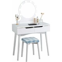 COSTWAY Coiffeuse avec Miroir Eclairé, 8 Ampoules LED, 2 Tiroirs Coulissants,1 Tabouret de Couleur en Bois Nature