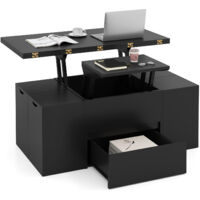 Table Basse avec Plateau Relevable et 4 Tabourets de Rangement, Compartiment Caché & Tiroir, Table Basse Carrée pour 4 à 8 Personnes, Noir