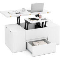 Table Basse avec Plateau Relevable et 4 Tabourets de Rangement, Compartiment Caché & Tiroir, Table Basse Carrée pour 4 à 8 Personnes, Blanc