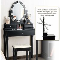 COSTWAY Coiffeuse Table de Maquillage avec Miroir Ovale Tabouret et Lumière LED Noir