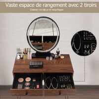 COSTWAY Coiffeuse, Table de Maquillage avec 1 Miroir Tactile à LED Choix d’Eclairage 3 Couleurs, 2 Tiroirs, 1 Boîte de Rangement et 1 Tabouret