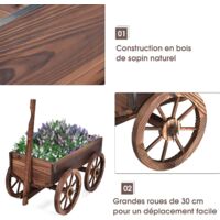 HOMASIS Brouette à Fleur en Bois avec Poignée Réglable et 4 Roues, Chariot à Fleurs avec Trous de Drainage, Jardinière Décorative de Plantes pour Jardin, Balcon, Terrasse, 75x43x53,5cm, Marron