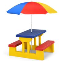 Costway – Ensemble de jardin pour enfant – Table et 2 bancs en PP avec parasol – Résistant aux UV – Pour jusqu'à 6 enfants