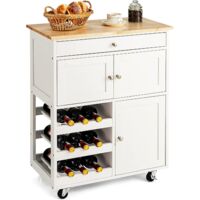 Costway – Desserte de cuisine en bois d'hévéa et MDF à roulettes – Tiroir, porte-bouteilles 3 niveaux, 2 placards – Dimensions 67x37x86 cm – Capacité 30 kg