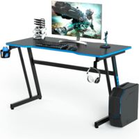 COSTWAY Bureau Gamer 120x60 CM, avec Surface en Fibre de Carbone, Crochet pour Casque, Porte-gobelet et Support de Manette Bleu