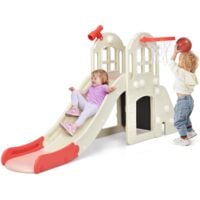 COSTWAY Toboggan 6 en 1 pour Enfant - Glisse de 140 CM - avec Panier de Basket, Escalade, Lancer d'Anneaux et Télescope,Toboggan Intérieure,Aire de Jeux Extérieure 3-8 Ans, Rose