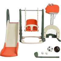 COSTWAY Ensemble Toboggan Balançoire 6 en 1 HDPE Basket-ball Football Escalade Golf pour Enfants 18 Mois+ Orange+Vert