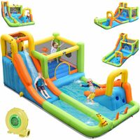 COSTWAY Château Gonflable 8 en 1 avec 2 Toboggans, Parc Aquatique avec Maison de Saut, Mur d'Escalade, Panier de Basket, Sac de Transport, Charge 135kg pour 3 Enfants de 3-10 Ans (Avec souffleur 680W)