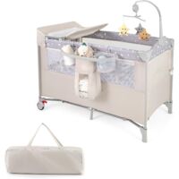 Costway – Lit parapluie bébé 5 en 1 avec matelas et table à langer amovible – Hauteur réglable – Boîte à musique et jouets suspendus – Transport facile